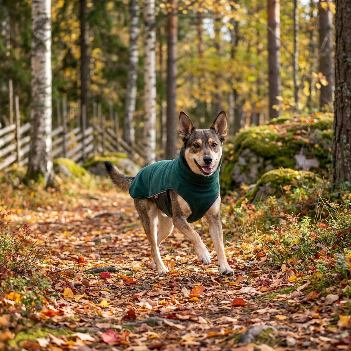 Hund klädd i mörkgrön Pomppa Jumppa fleecetäcke som springer längs en höstlig skogsstig med fallna löv