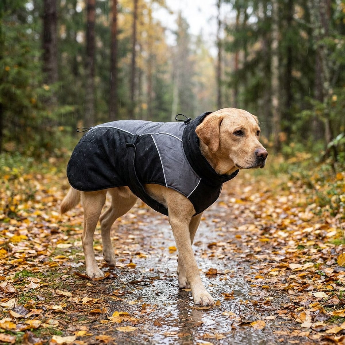 Hund klädd i svart-grått Pumori hundtäcke med reflexpaspel på en regnvåt skogsväg