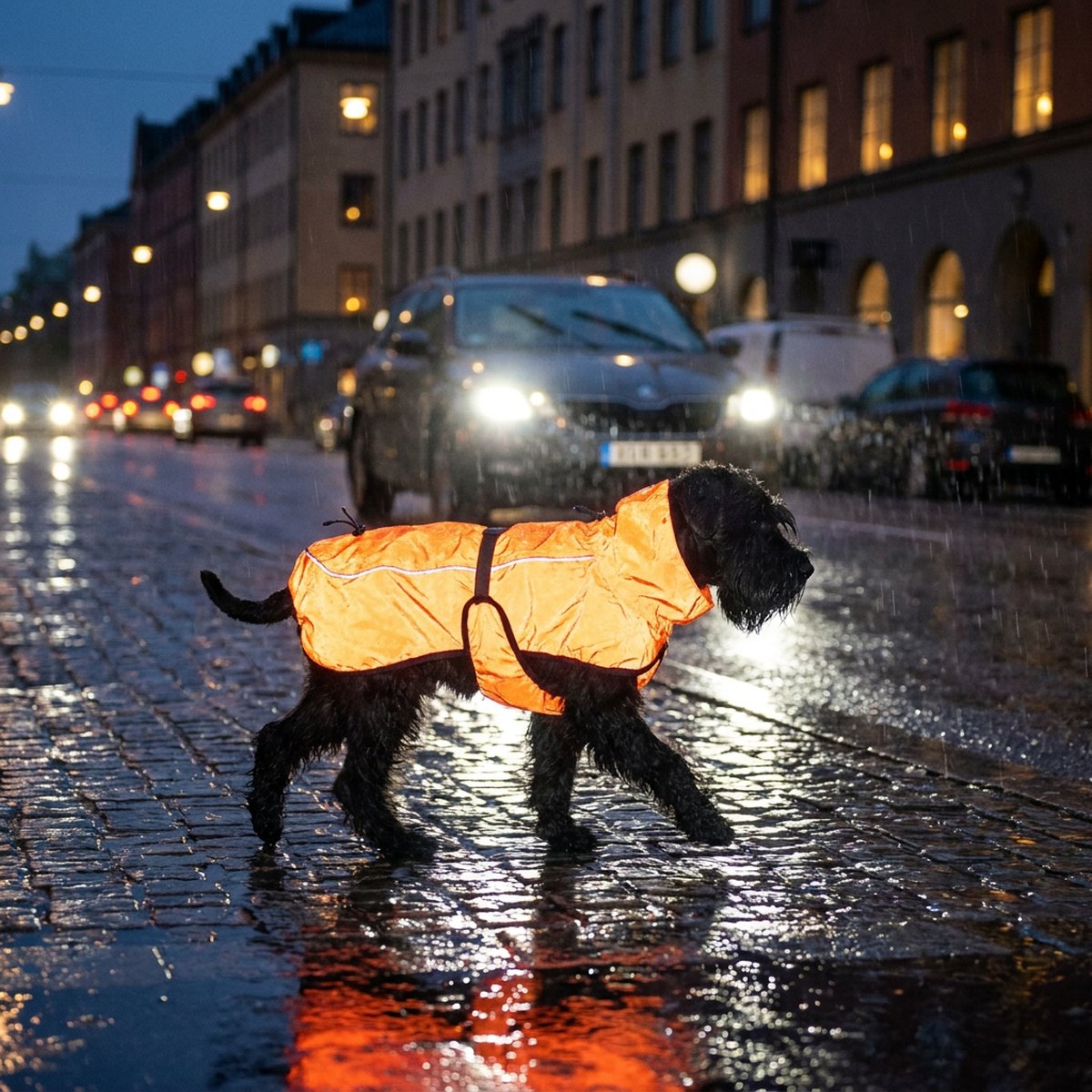 Hund iklädd helreflekterande orange Feel Active Reflective regnjacka på en regnig stadsgata om kvällen med bilstrålkastare i bakgrunden