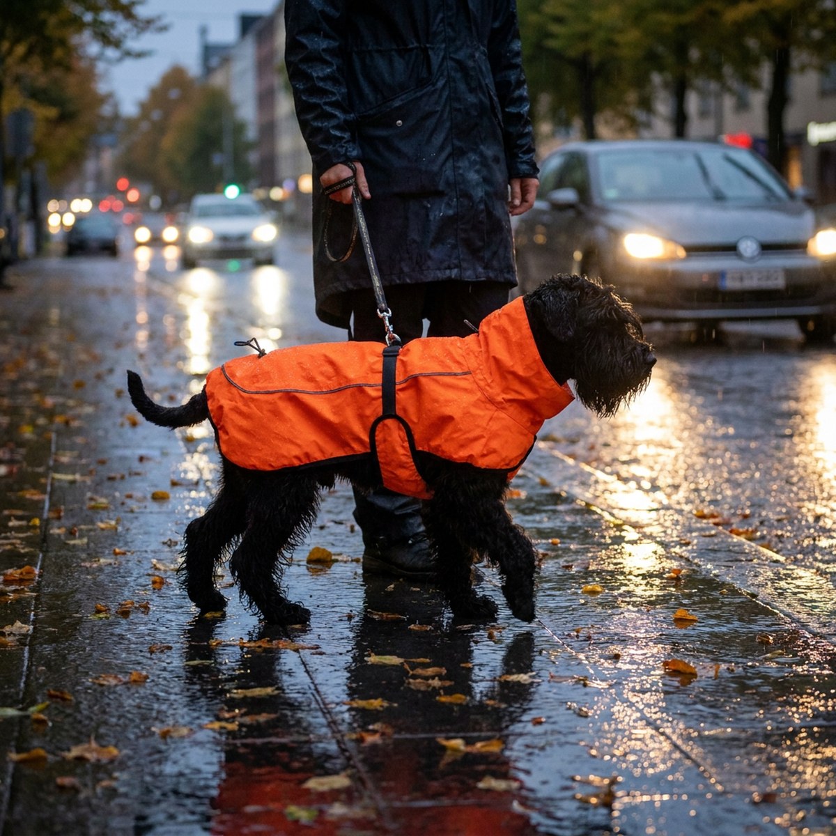 Svart hund i orange Feel Active Reflective regnjacka i koppel på en regnvåt trottoar i kvällsljus
