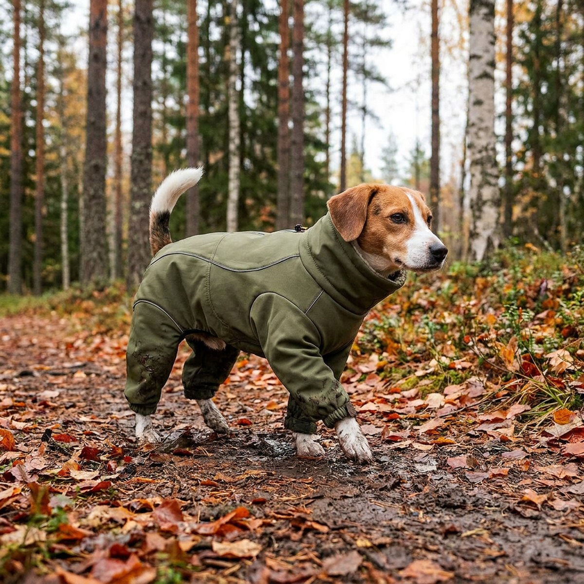 Korthårig hund i armégrön Rukka Thermal 2.0 overall som går på lerig skogsväg i höst