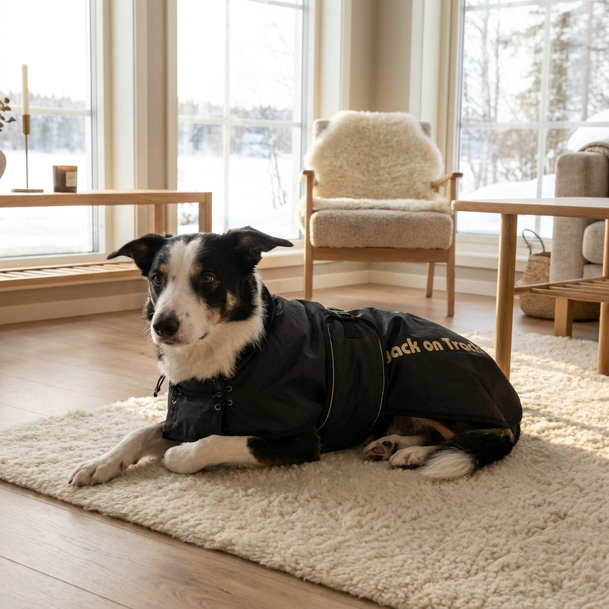 Äldre hund vilar inomhus på en matta i ett skandinaviskt vardagsrum iklädd svart Back on Track Standard terapitäcke med guldtext