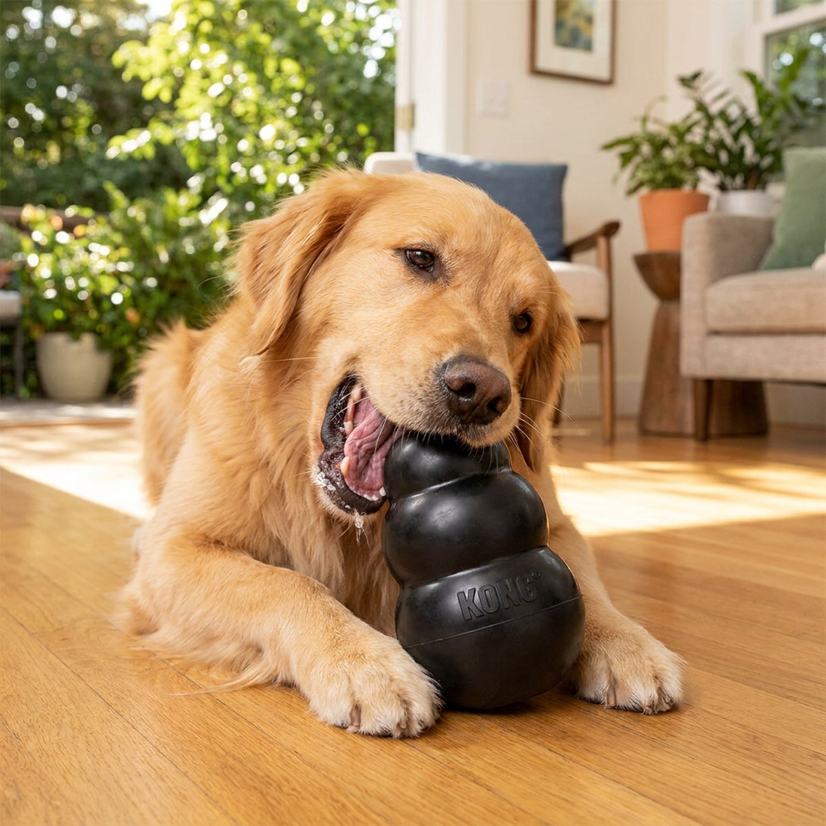 Golden retriever tuggar svart KONG Extreme i ljust vardagsrum