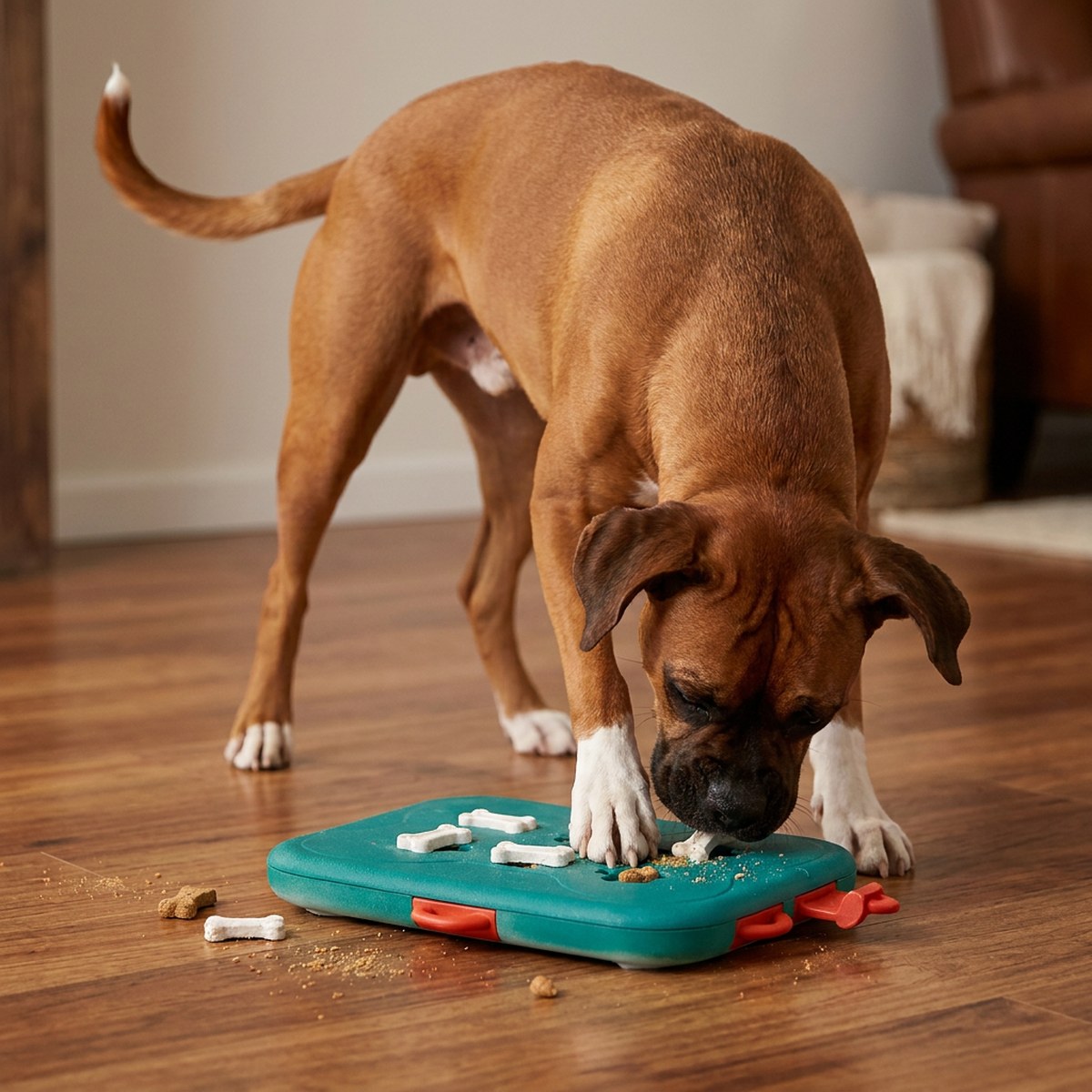 Boxer nosarbetar med teal Nina Ottosson Dog Casino-pusselspel