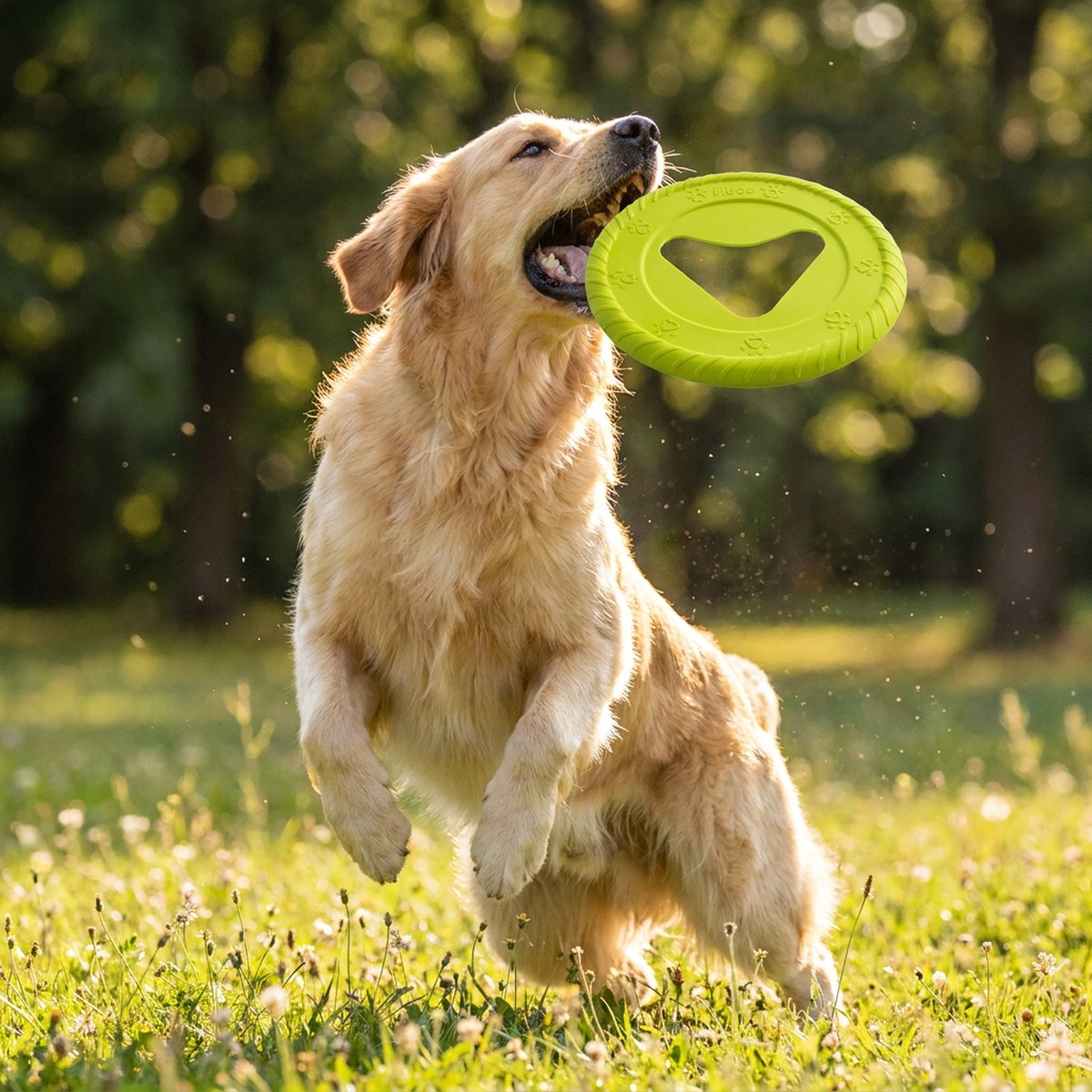 Golden retriever fångar grön Frisboo hundfrisbee i park