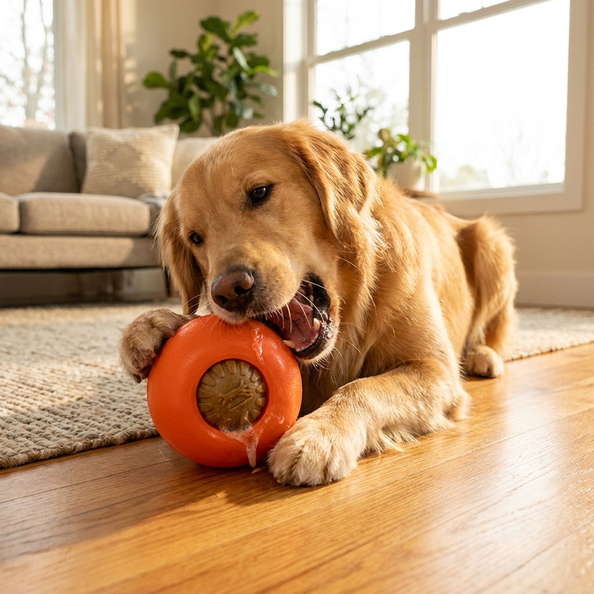 Hund tuggar orange rund gummi-leksak på trägolv
