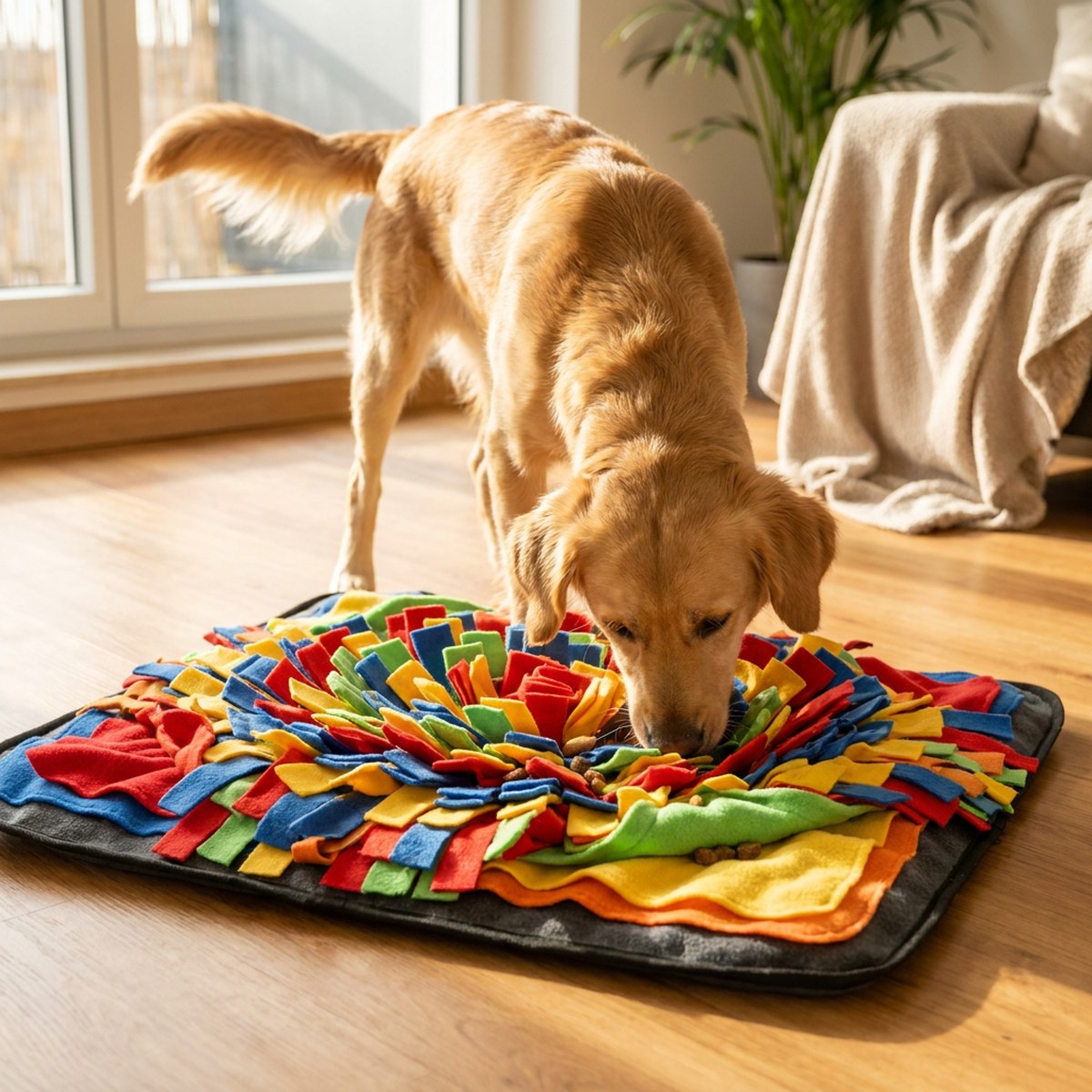 Golden retriever nosar igenom färgglad snuffelmatta