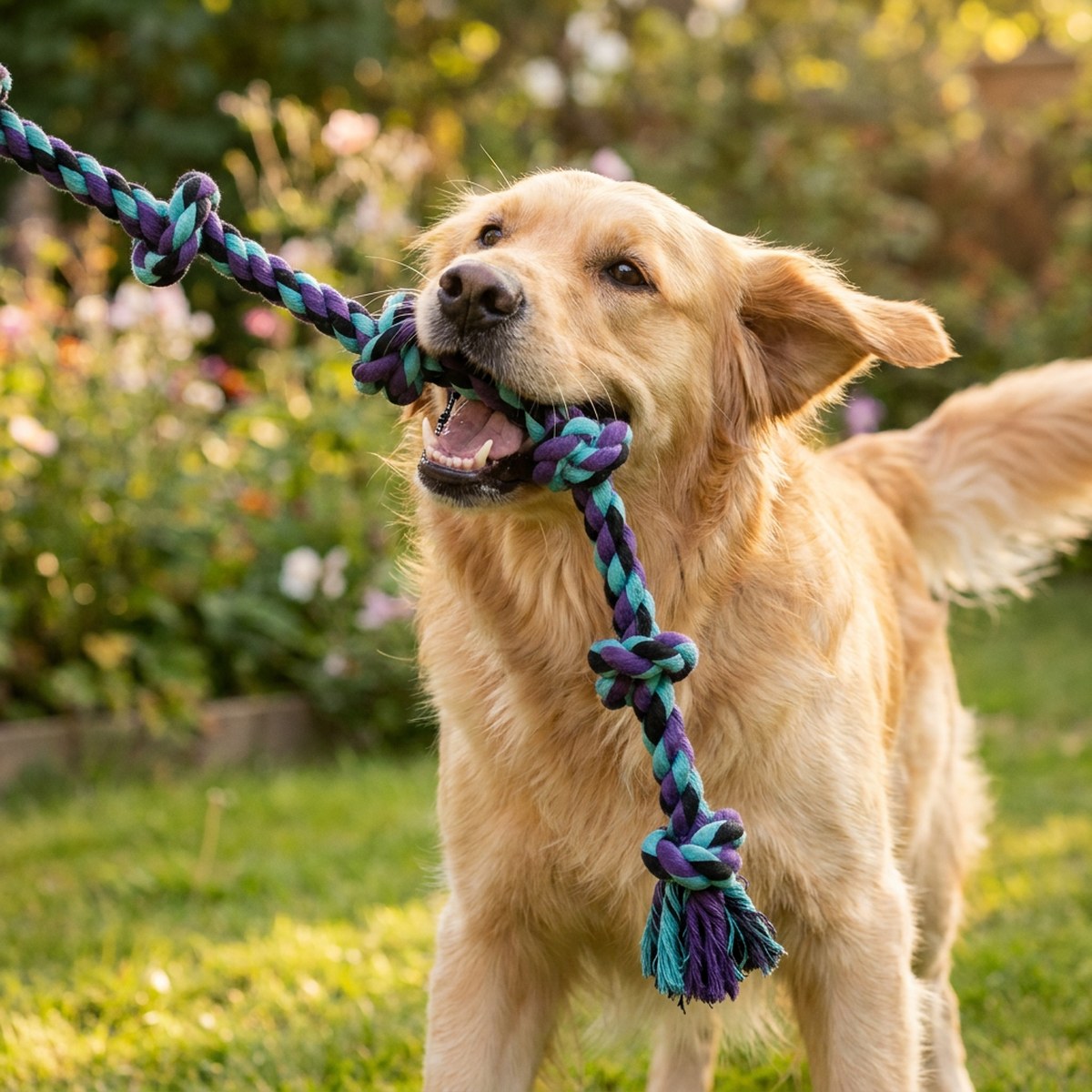 Golden retriever håller flerfärgat repknut leksak i trädgård
