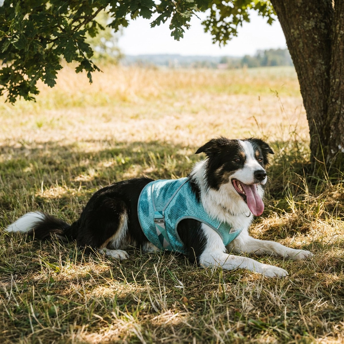 Border collie vilar i skuggan iförd ljusblå kylväst en varm sommardag