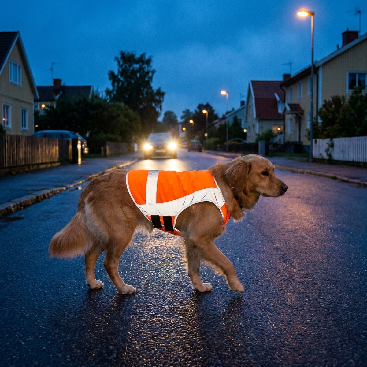 Hund i orange reflexväst lyser upp i billyktor på en trottoar i skymning