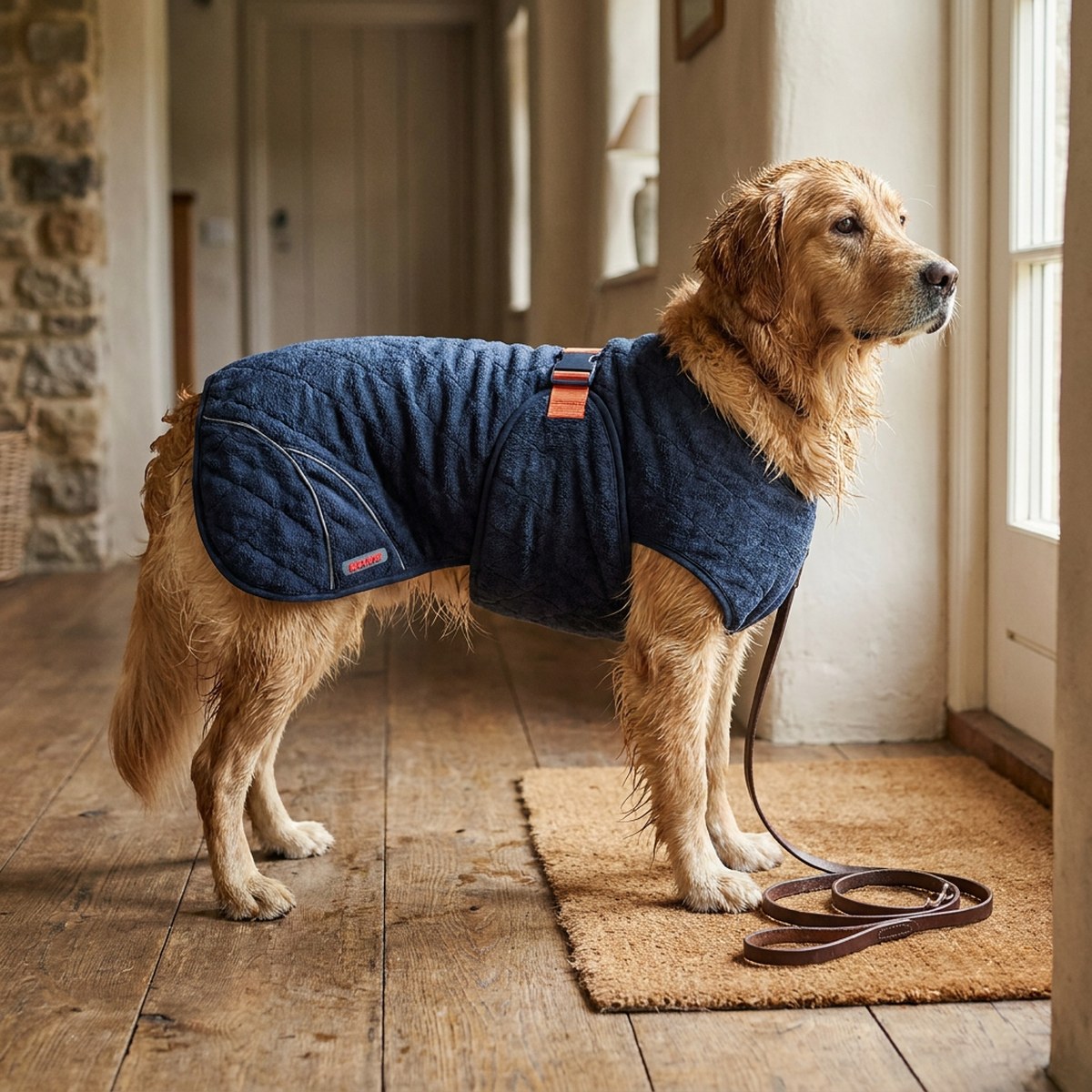 Blöt golden retriever i marinblått frottétorktäcke i en hall efter regnpromenad