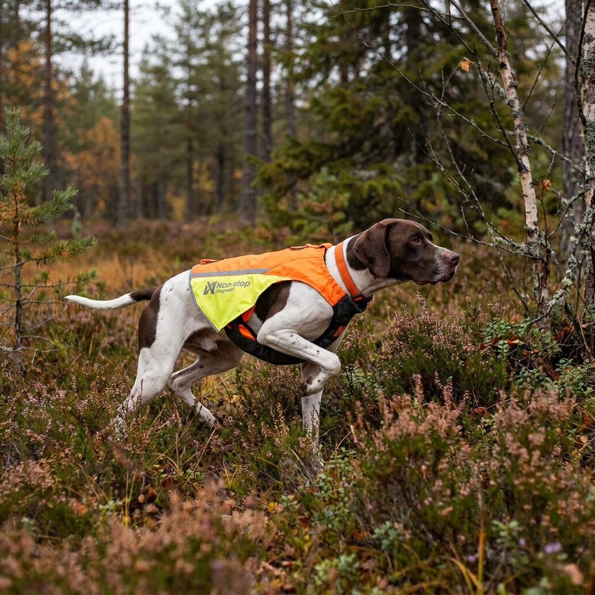 Hund i jaktorange skyddsväst med reflex rör sig genom skogsterräng