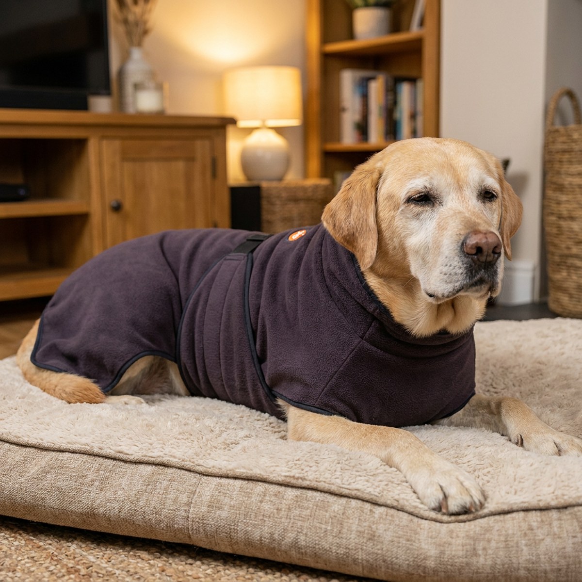 Äldre labrador vilar på en hundbädd i mjuk fleecetäcke inomhus