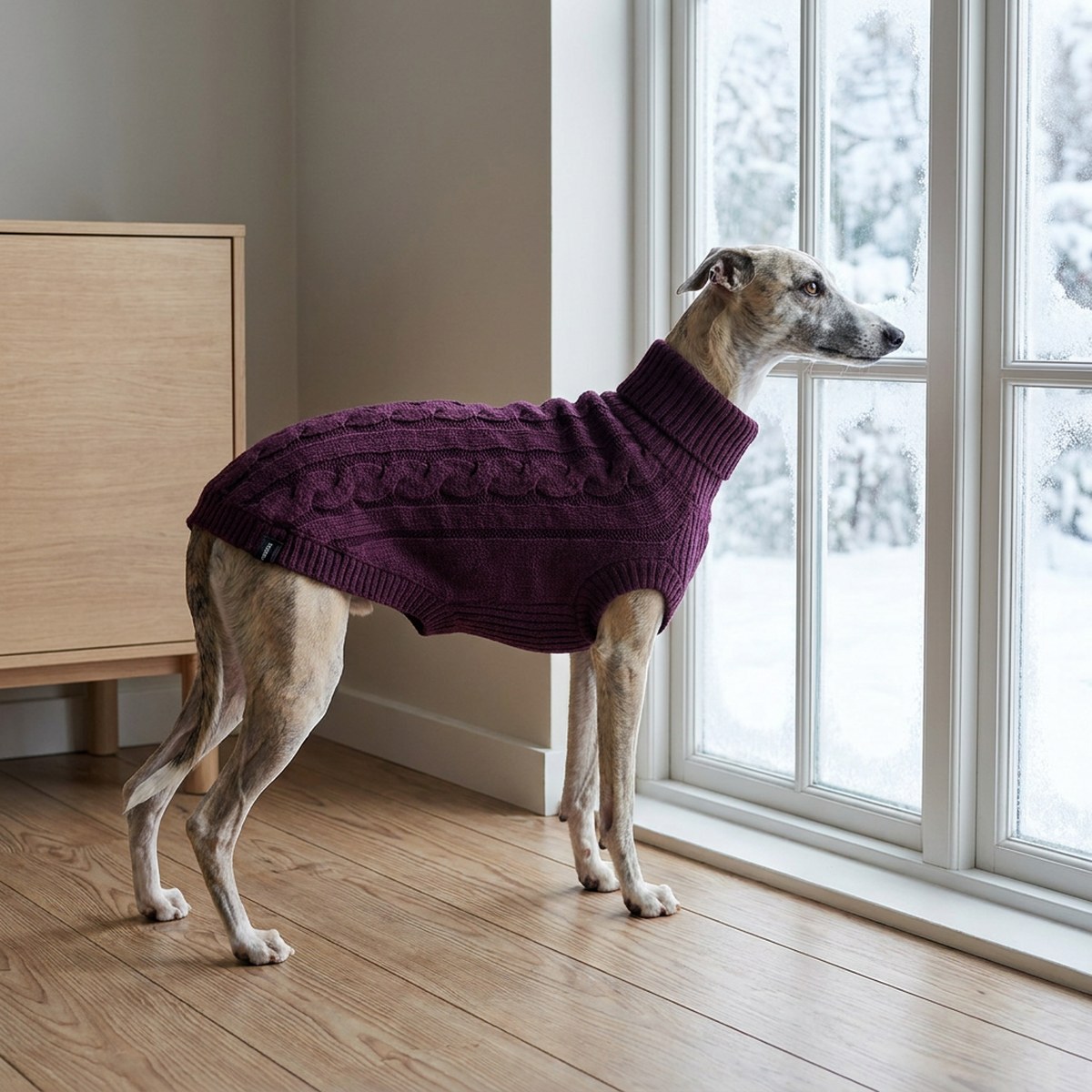 Korthårig hund i stickad tröja står vid ett fönster en kall dag