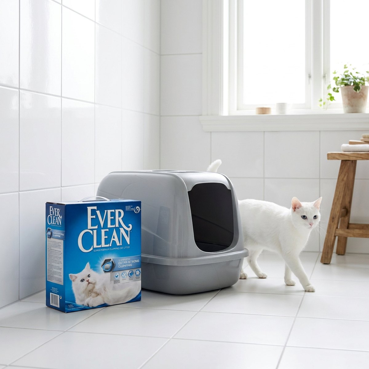 Ever Clean Extra Strong Unscented blå kartong bredvid en grå huva-kattlåda med en vit katt som promenerar förbi i ett skandinaviskt badrum