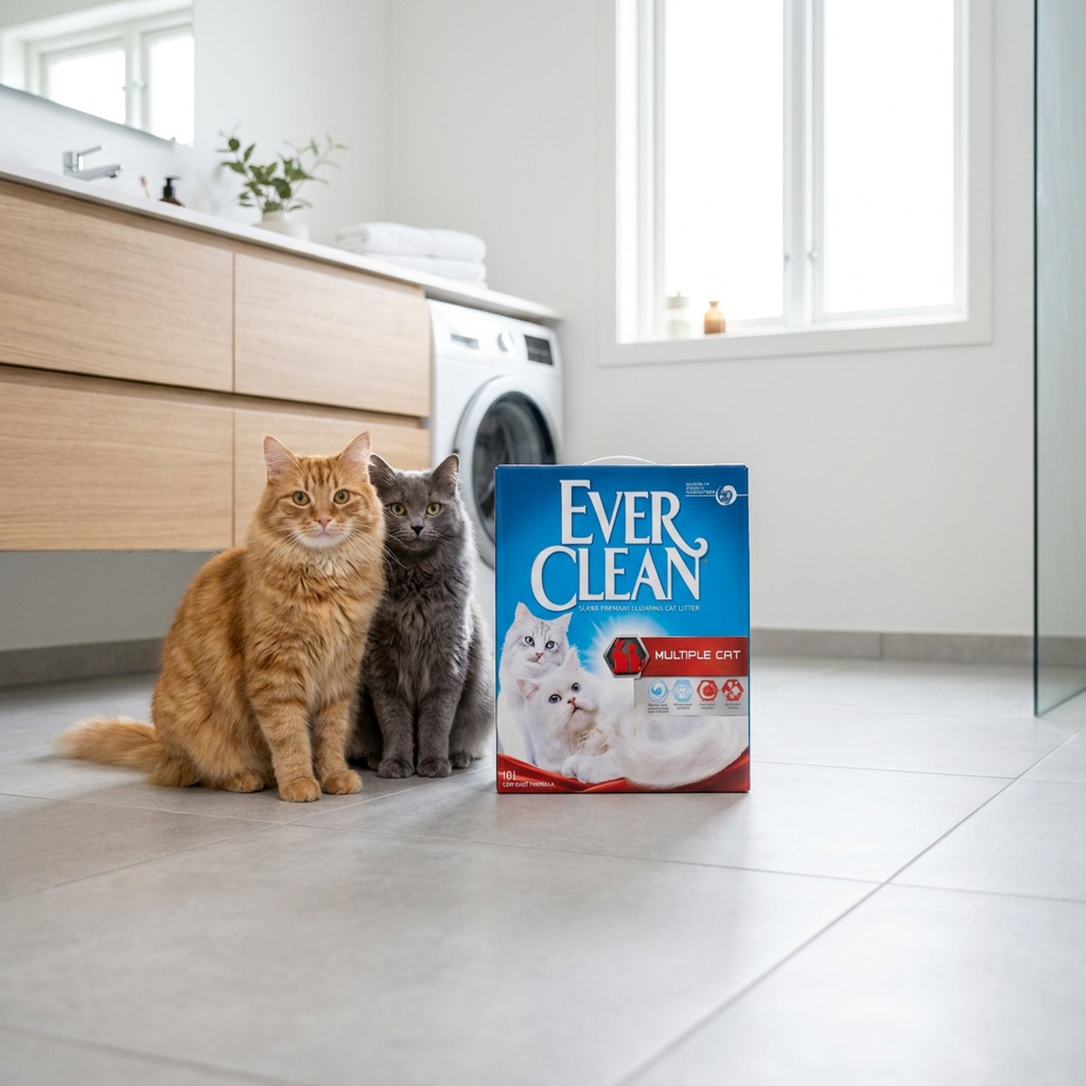 Ever Clean Multiple Cat blå kartong med röd banderoll bredvid en orange och en grå katt på badrumsgolv