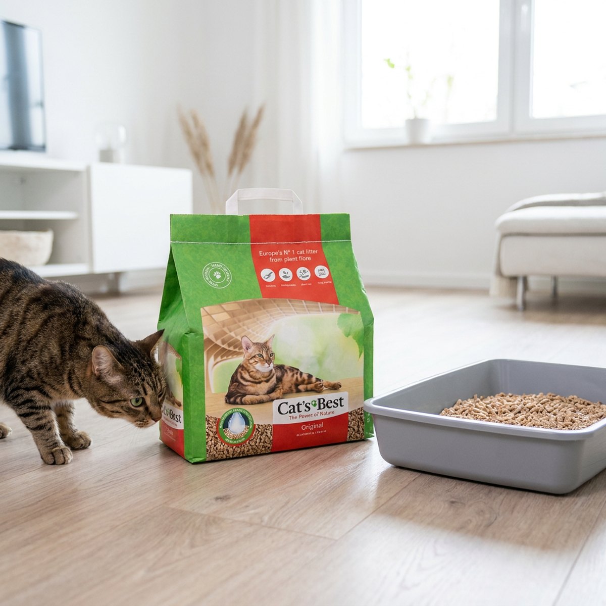 Cat’s Best Original grön påse med röd detalj bredvid en brun tabby-katt som nosar på förpackningen, träpellets synliga i kattlådan
