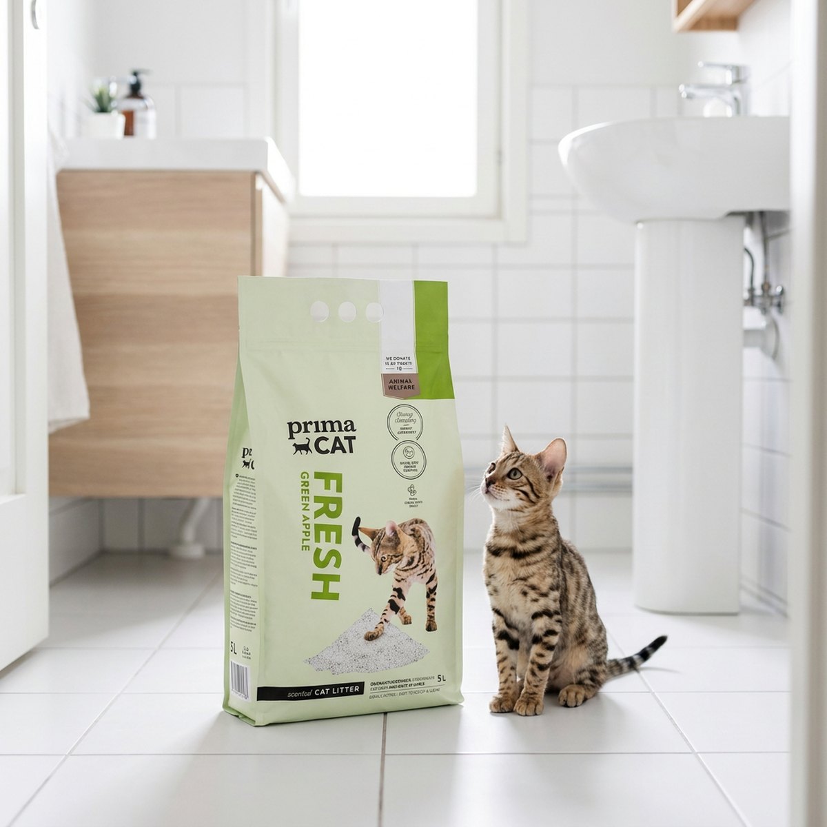 PrimaCat Fresh vit och ljusgrön påse bredvid en tabby-katt i ett ljust skandinaviskt badrum med vita kakelplattor