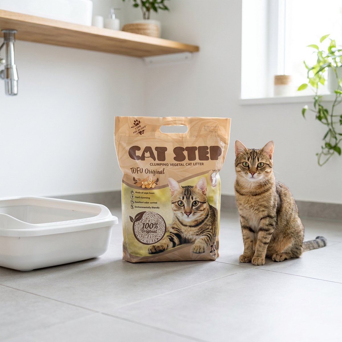 Beige sojabaserad kattsand-påse med Cat Step-logotyp bredvid en golden tabby-katt och en vit kattlåda i ett ljust skandinaviskt badrum