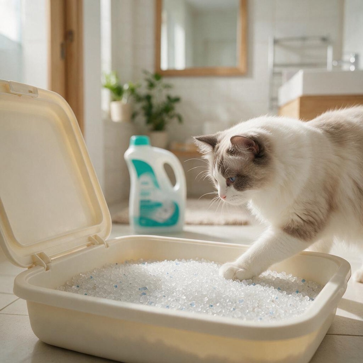 Kattlada fylld med vita silikatkorn i ett badrum, med en ragdollkatt pa vag ner i ladan
