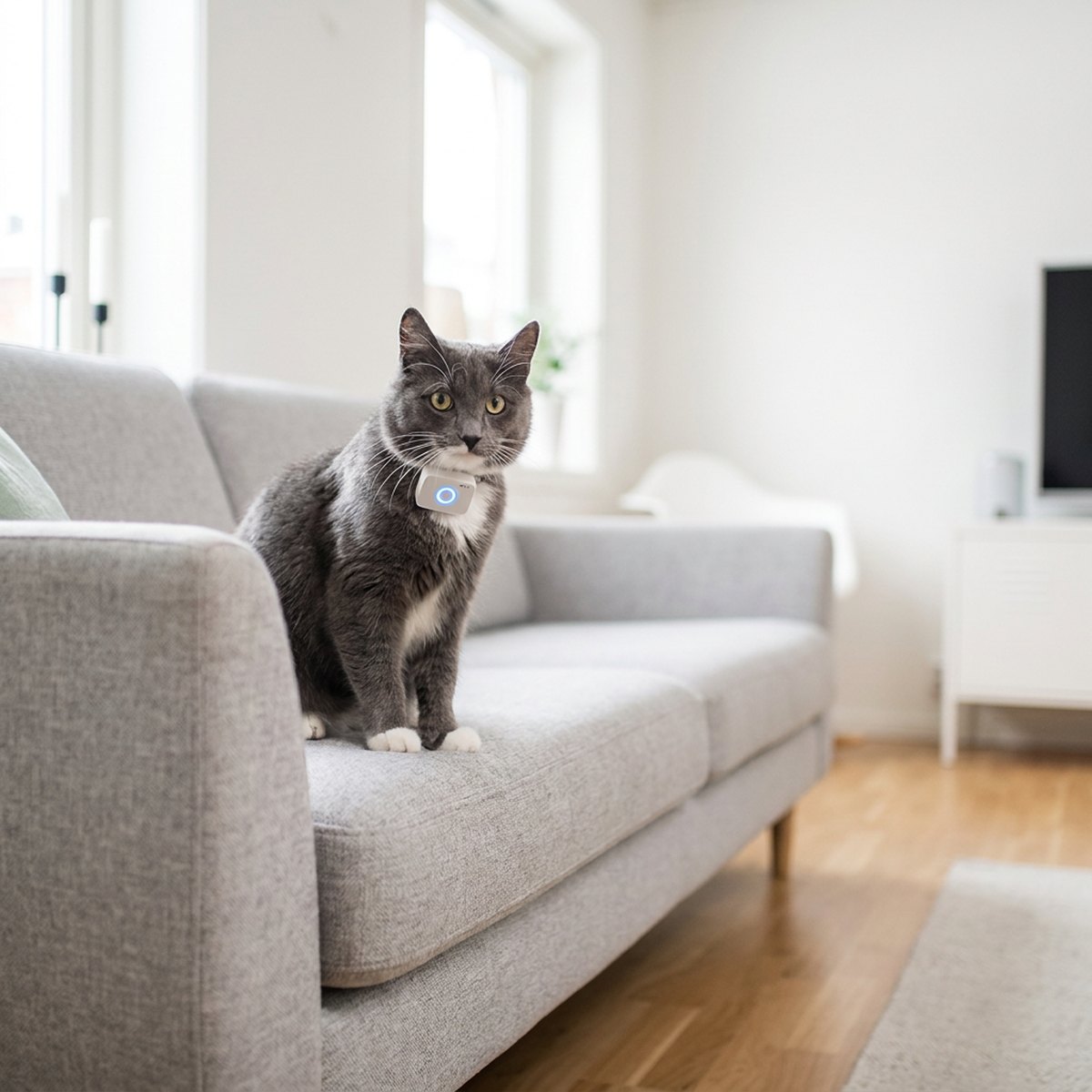 Grå katt med vit Lilcat 2 GPS-tracker på halsbandet sitter på en ljusgrå soffa i ett skandinaviskt vardagsrum