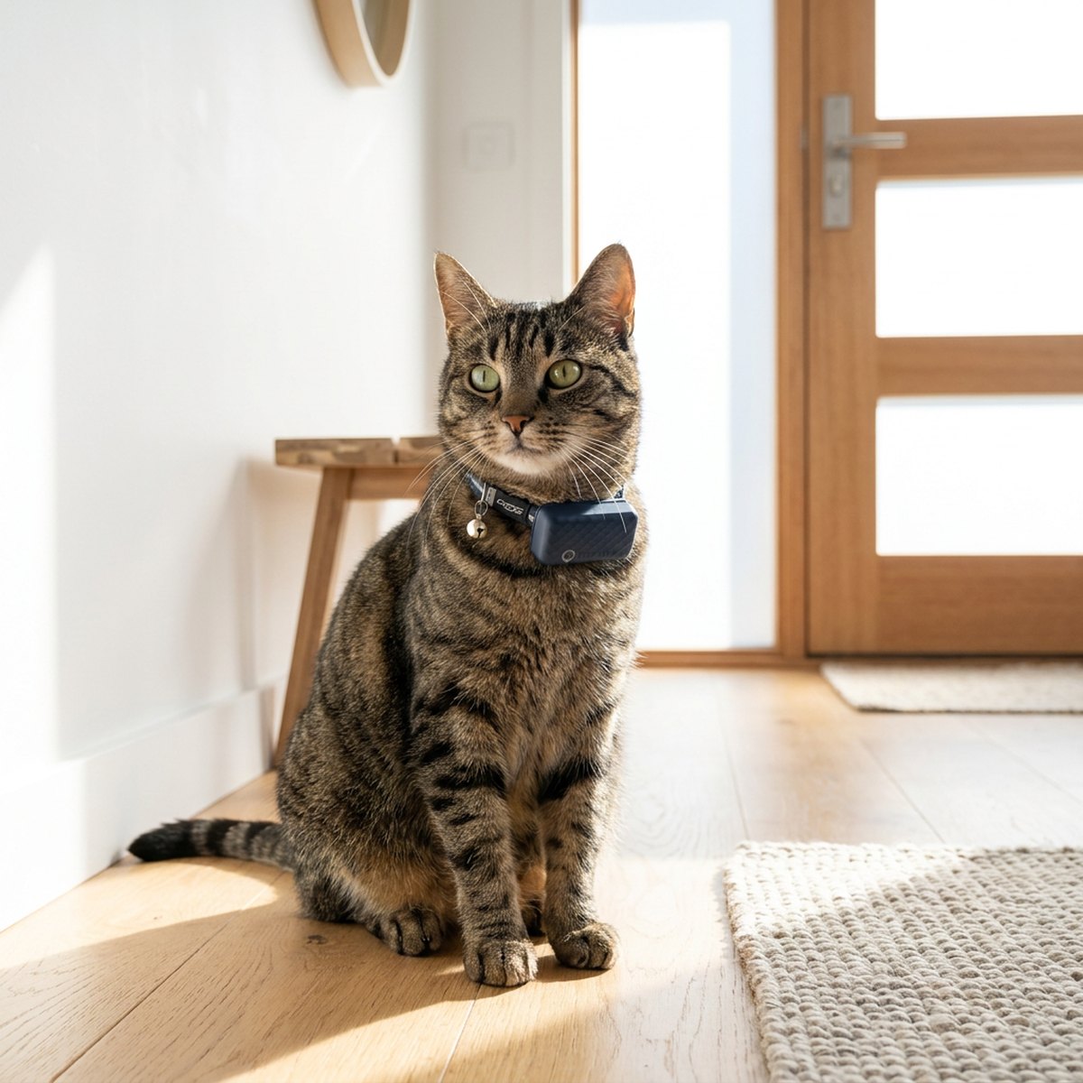 Tabby-katt med mörkblå Tractive CAT Mini GPS-tracker på halsbandet sitter i en skandinavisk hall nära ytterdörren