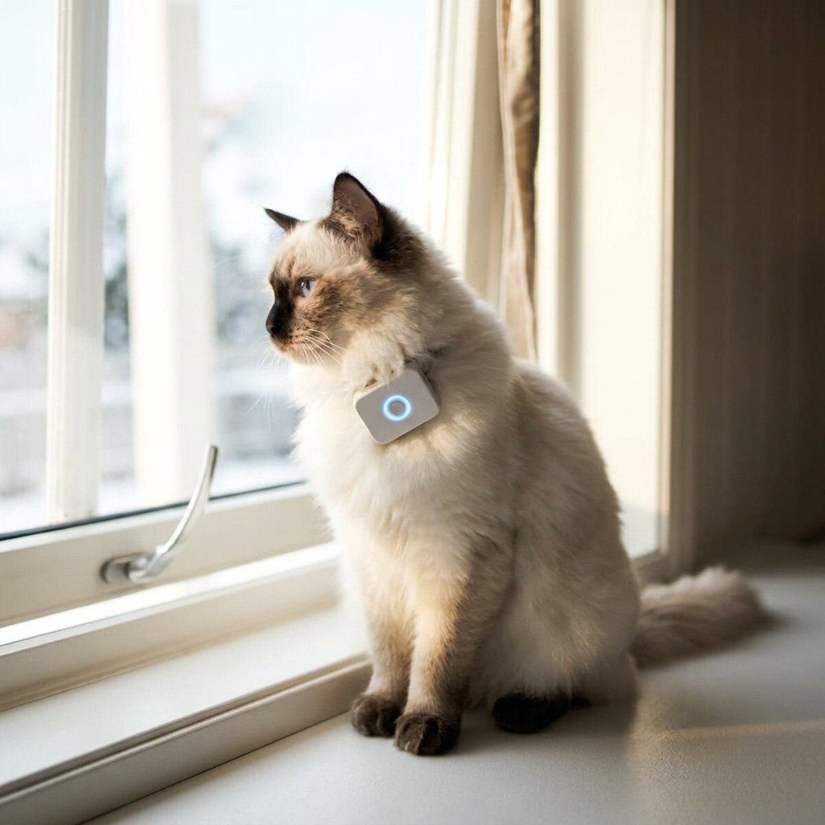Vit ragdoll-katt med vit Lilcat GPS-tracker med blå LED på halsbandet sitter vid ett fönster