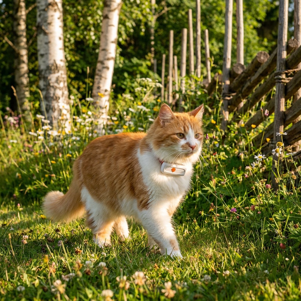 Vit och orange katt med vit Weenect XS GPS-tracker på halsbandet promenerar på en stenlagd trädgårdsterrass