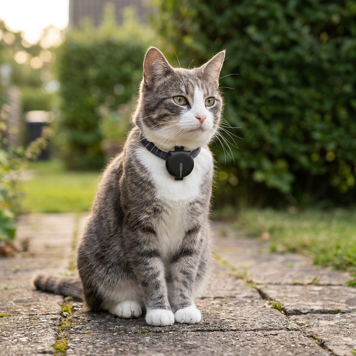 Grå- och vitrandig katt sitter på en trädgårdsgång med MiniFinder Gato fäst på halsbandet