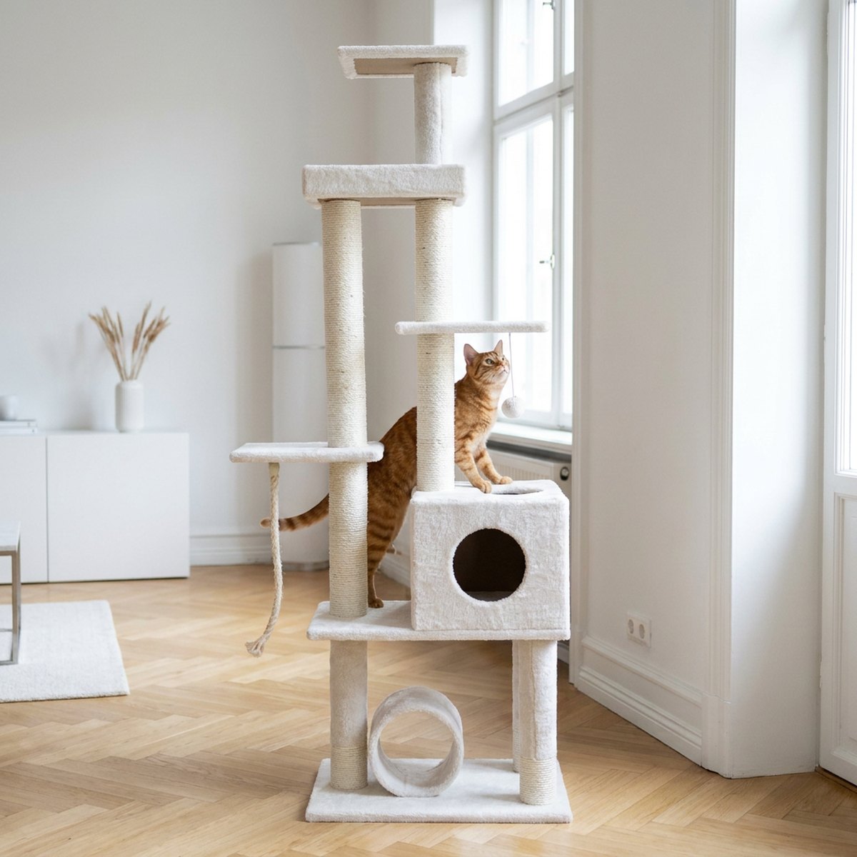 En katt sitter på en plattform i ett vitt högt klösträd med flera plan och sisalpelare vid ett soligt fönster i en skandinavisk lägenhet