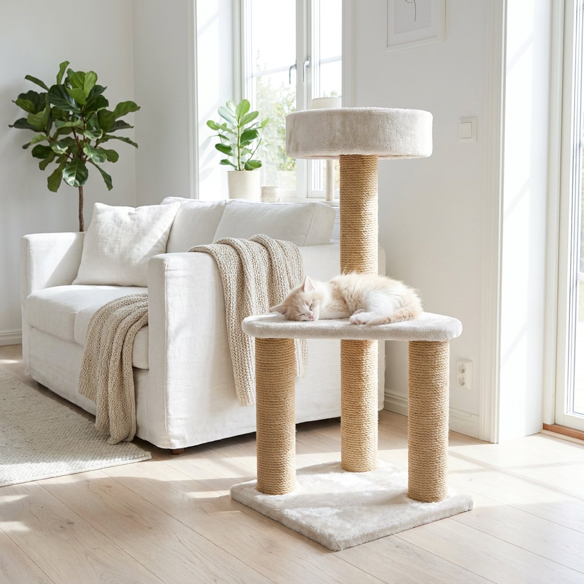 Kattunge som vilar i en rund bädd på ett kompakt beige klösträd med tre jutepelare i ett litet skandinaviskt hem