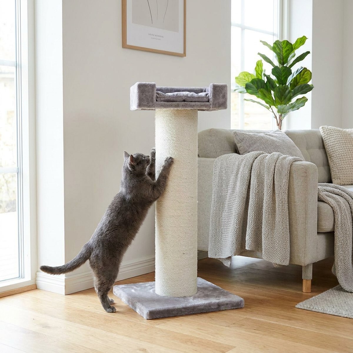 Grå katt som klöser på en klassisk grå sisalpelare med enkel plattform i ett ljust skandinaviskt vardagsrum