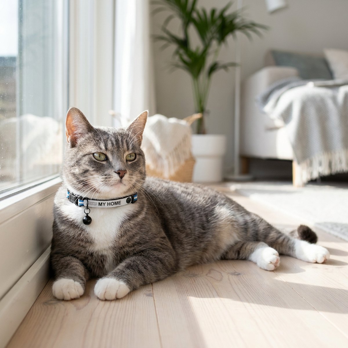 Katt på trägolv som bär ett blå-vitt randigt reflexhalsband med en vit ID-bricka