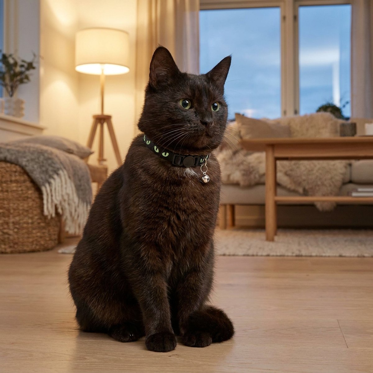 Mörk katt i skymningsljus som bär ett svart halsband med självlysande gröna kattögon