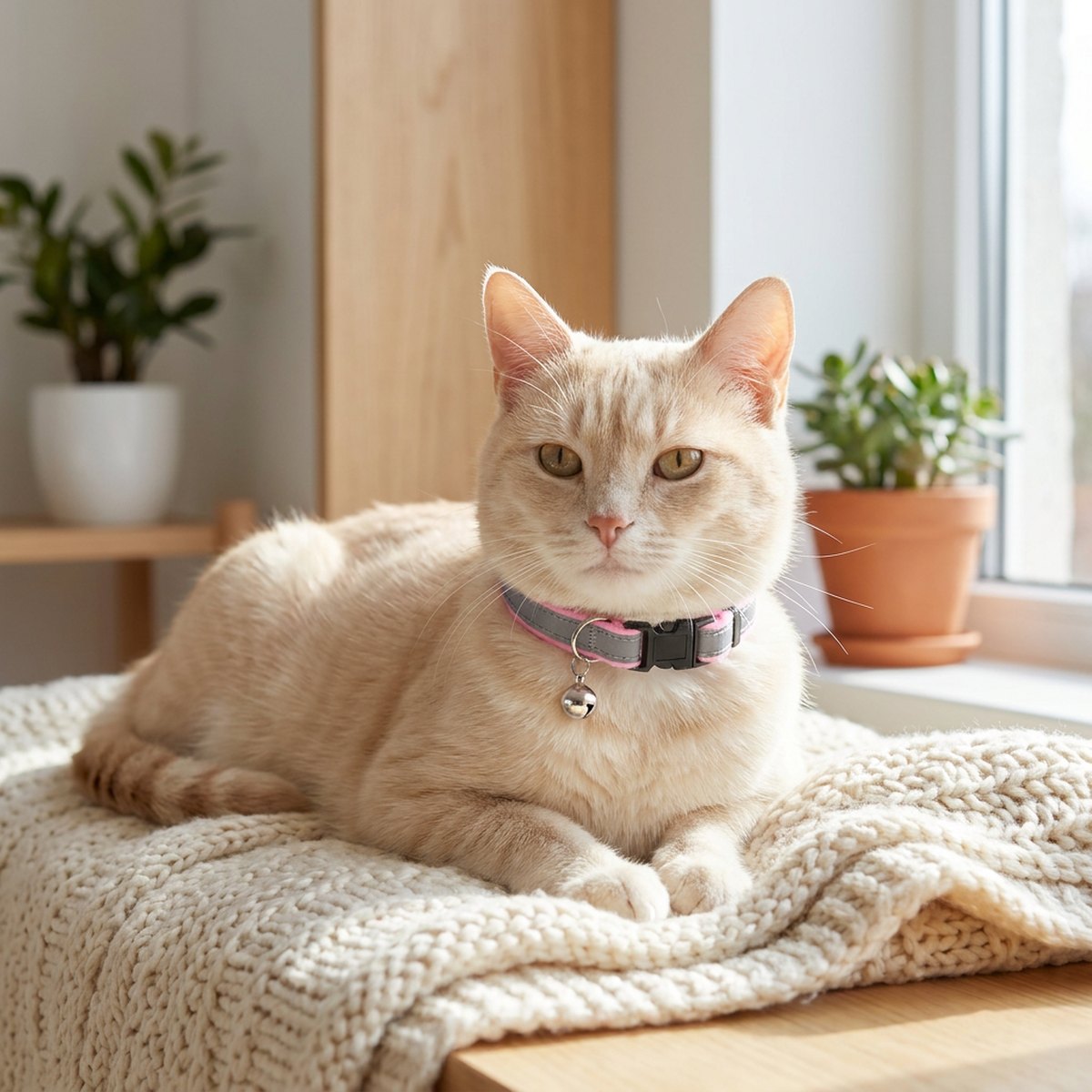 Ljus katt på en stickad filt som bär ett mjukt vaddat rosa reflexhalsband med bjällra