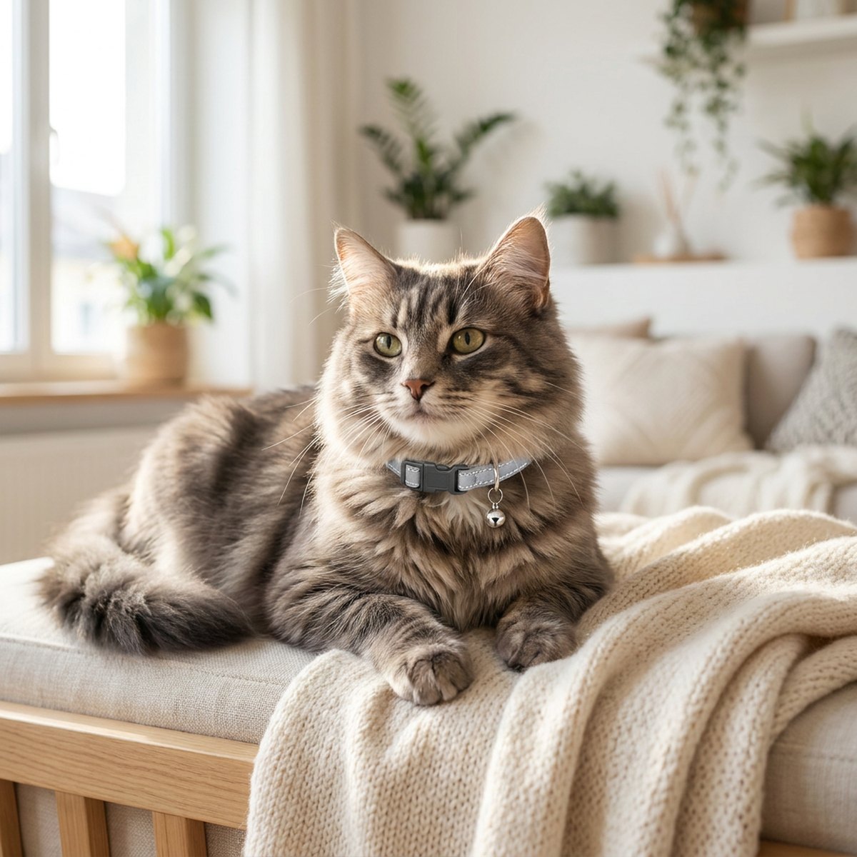 Gråspräcklig katt på en stickad filt som bär ett grått reflexhalsband med bjällra