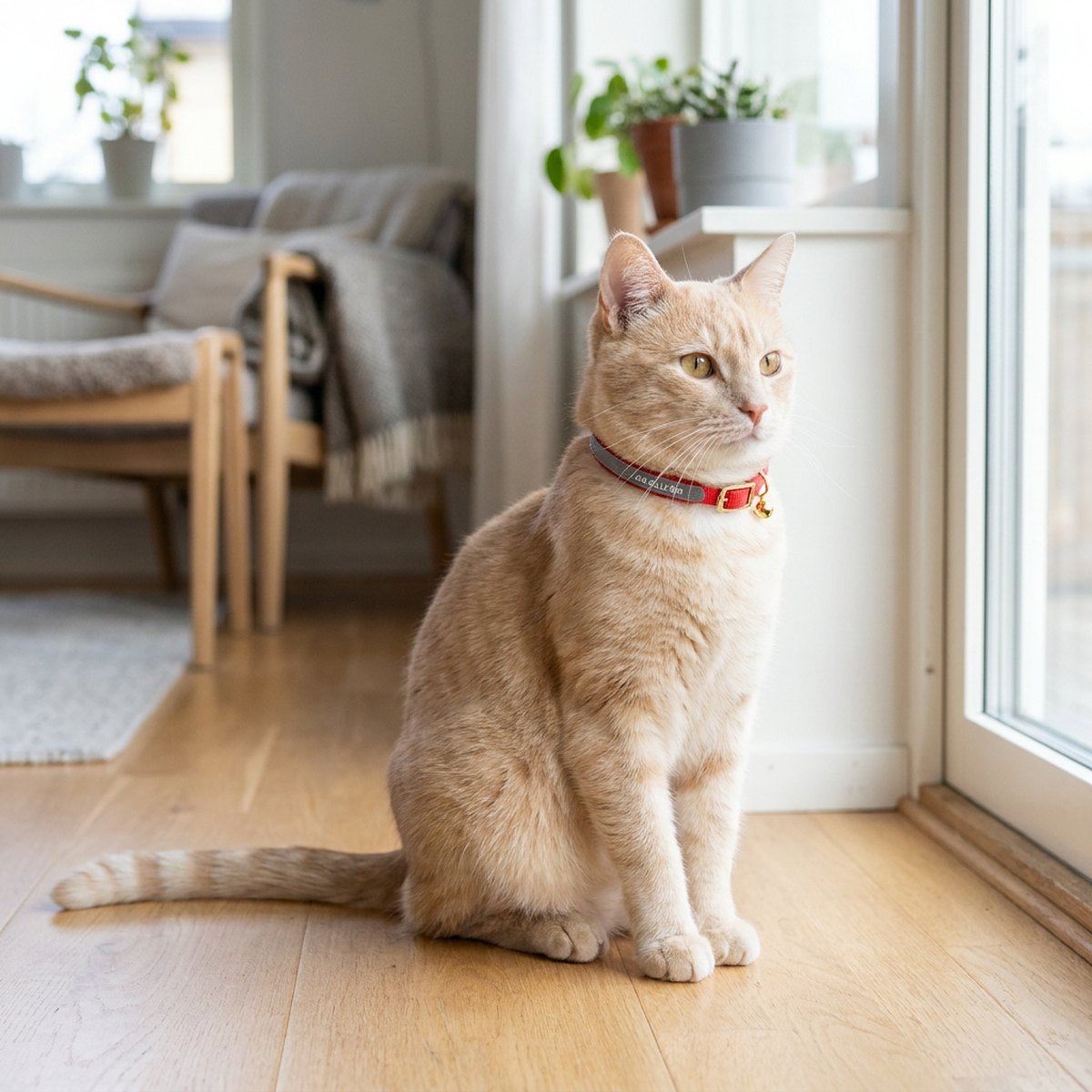 Krämfärgad katt på trägolv som bär ett rött ID-halsband med en silverfärgad reflexremsa