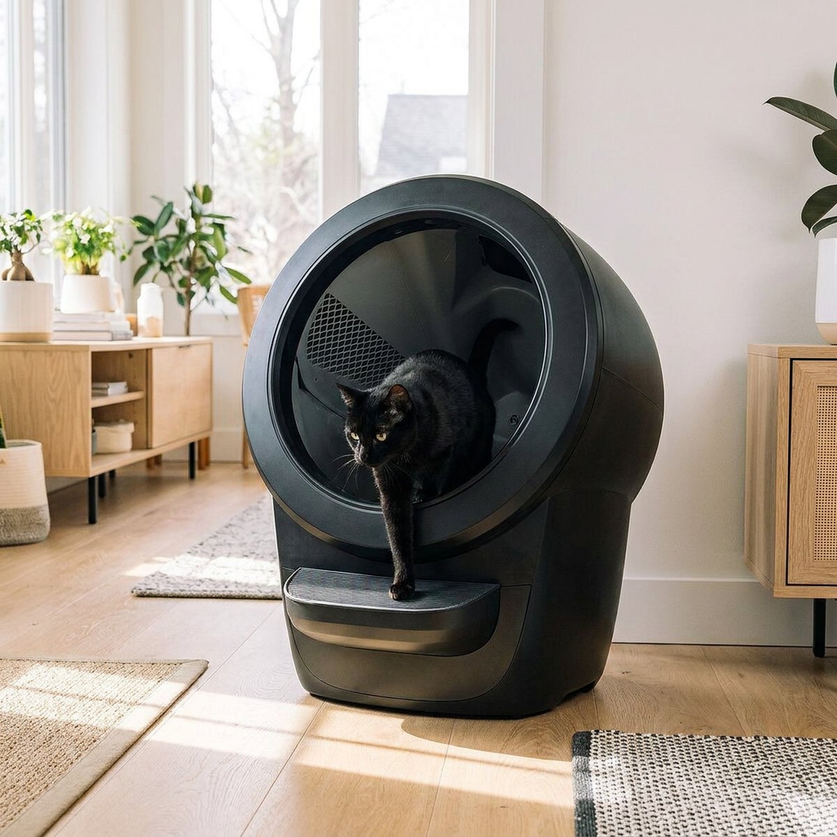 Svart katt som kliver ut ur den runda öppningen på en automatisk svart klot-kattlåda i ett ljust skandinaviskt vardagsrum