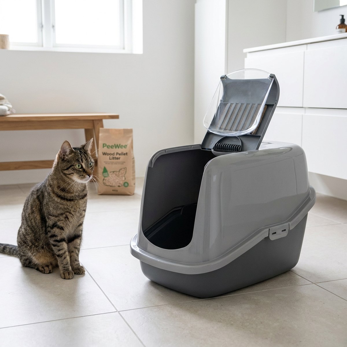 Tabby-katt sittandes bredvid en grå och grön tvåkammar-kattlåda med gallersystem på ett kakelgolv i ett ljust badrum