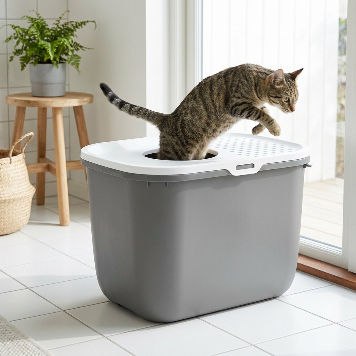 Tabby-katt som hoppar ner genom toppingången på en grå kattlåda med vitt ventilerat lock i ett ljust badrum