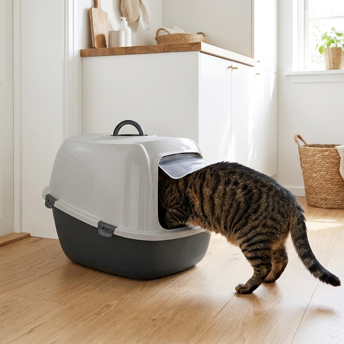 Tabbykatt går in genom den transparenta luckan på en grå huvlåda