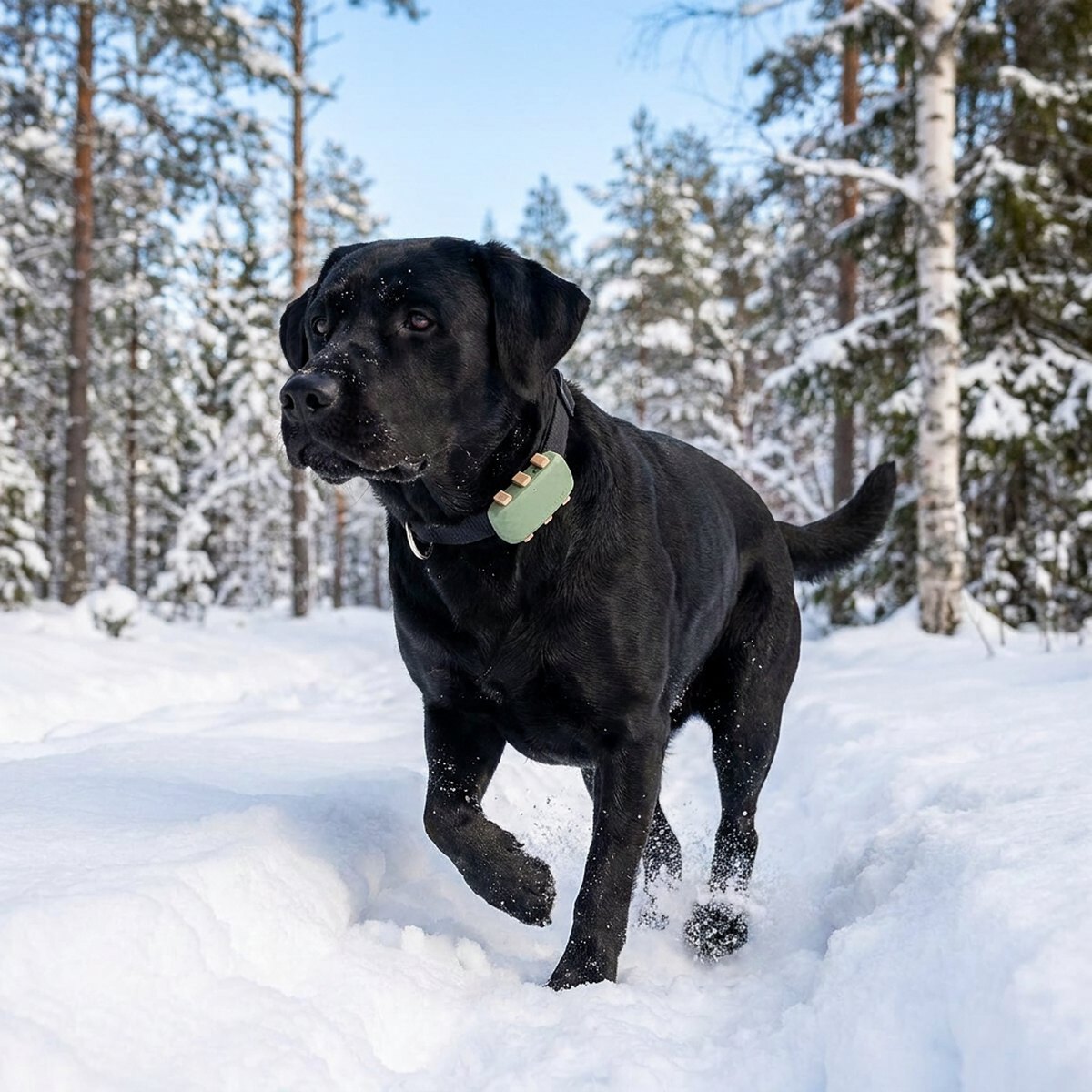 Stor svart labrador med Tractive GPS XL-pejl på halsbandet springer i snöig skandinavisk skog