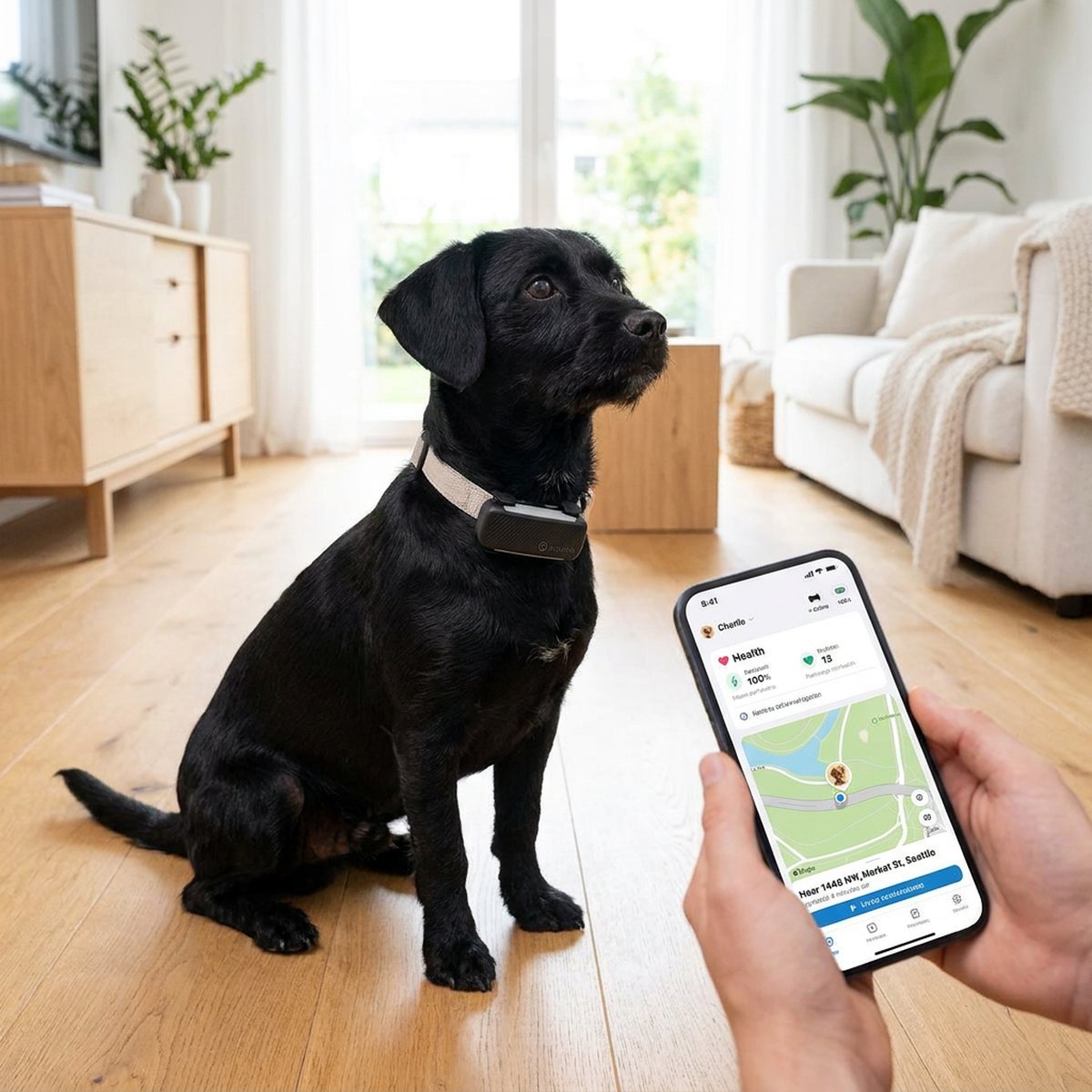 Svart hund med Tractive GPS Health-tracker på halsbandet sitter i skandinaviskt vardagsrum medan ägaren granskar hälsodata i app