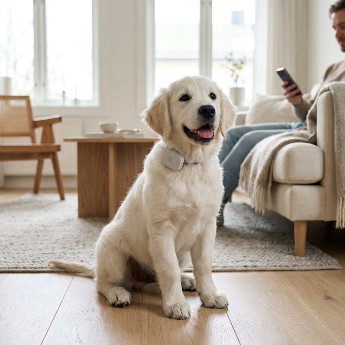 Vit fluffig hund med LilDog 2 GPS-tracker på halsbandet sitter i ljust skandinaviskt vardagsrum