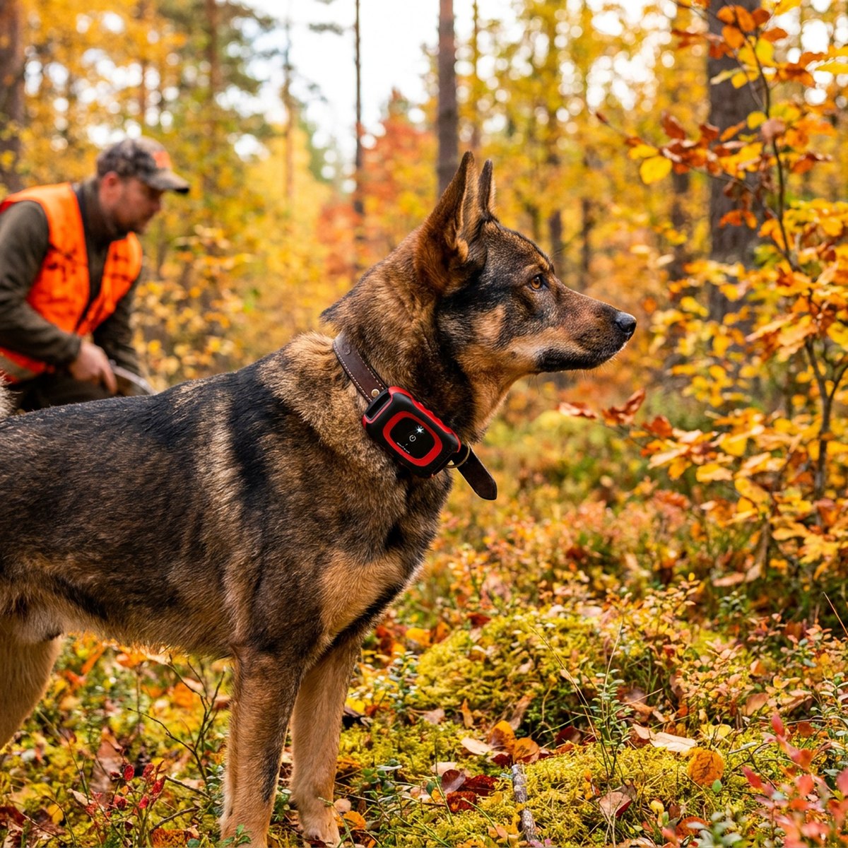 Jakthund med Minifinder Rex GPS-pejl i svart och rött på halsbandet i höstfärgad svensk skog, jägare i orange väst i bakgrunden