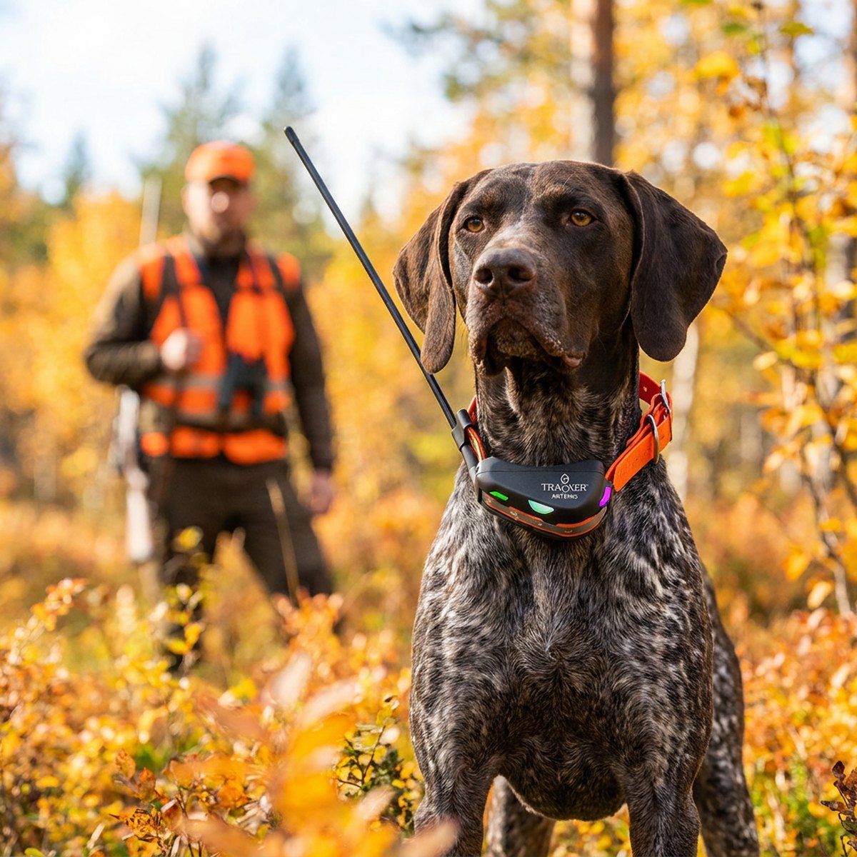 Jaktshund med Tracker Artemis GPS-halsband i orange och svart springer i höstskog under jakt
