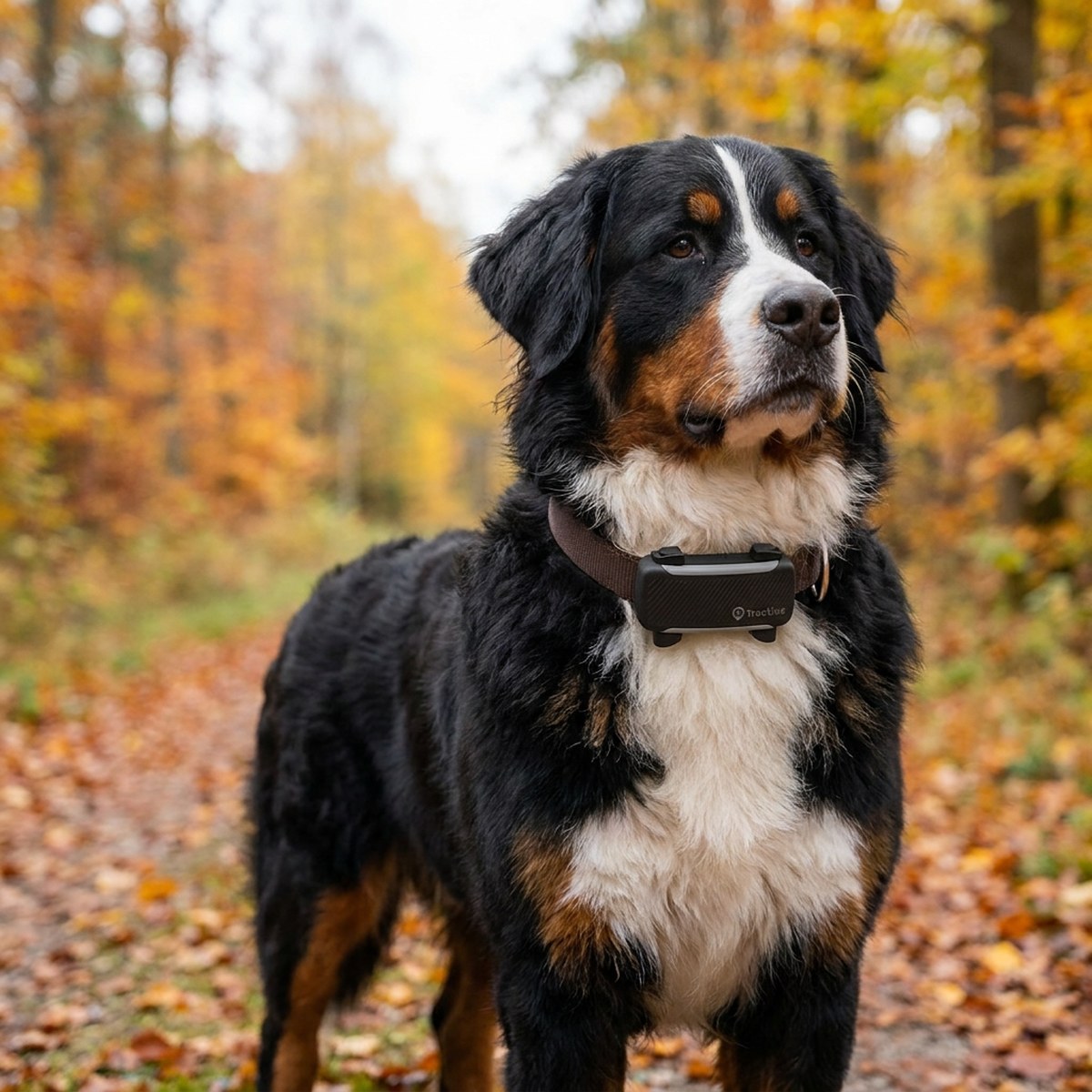 Berner sennenhund på en skogsstig i höstlöv med en svart Tractive DOG 6 XL-pejl fastsatt på ett brunt halsband