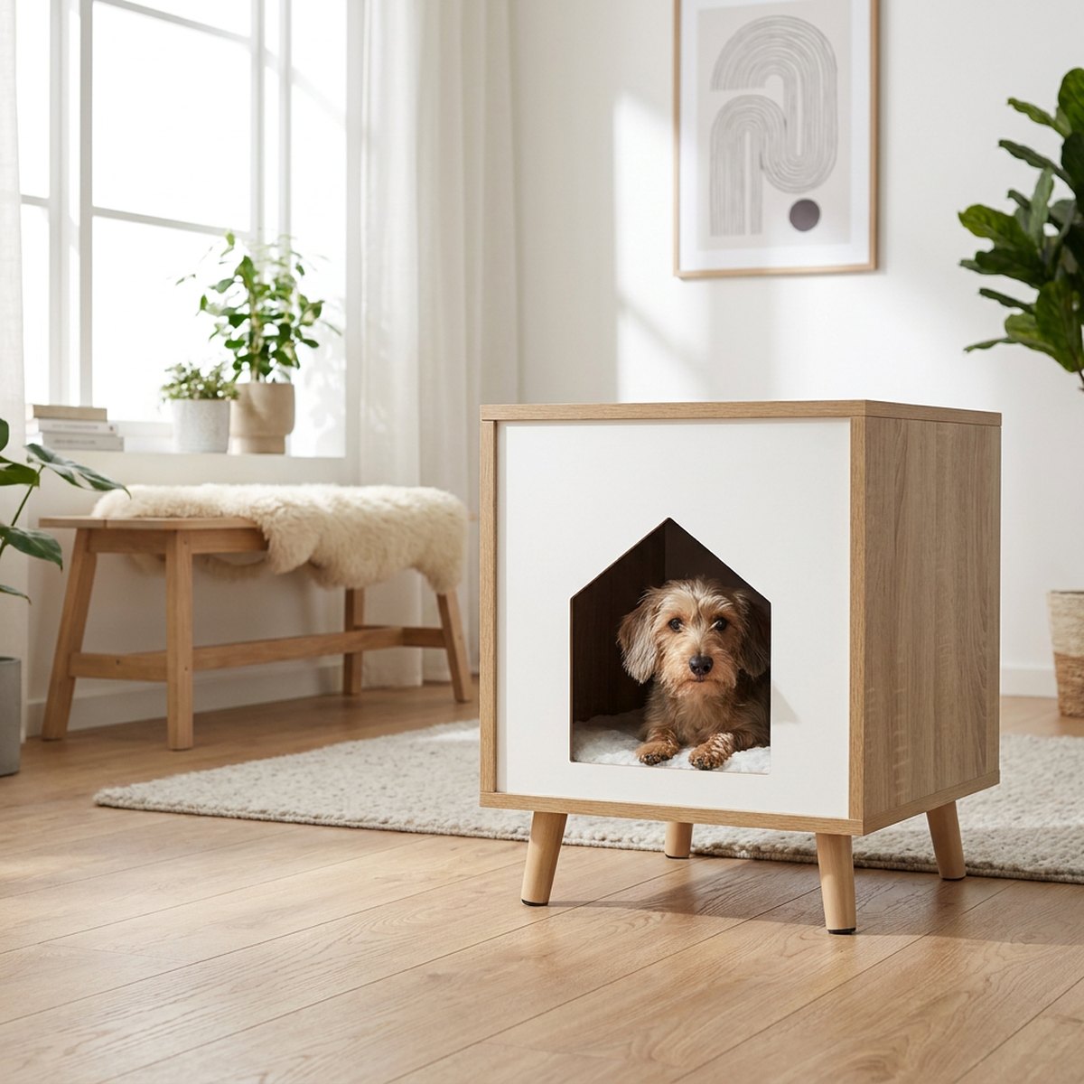 FirstVet Koja Isa inomhuskoja i ljust trä med vit front och liten hund inuti i ett skandinaviskt vardagsrum