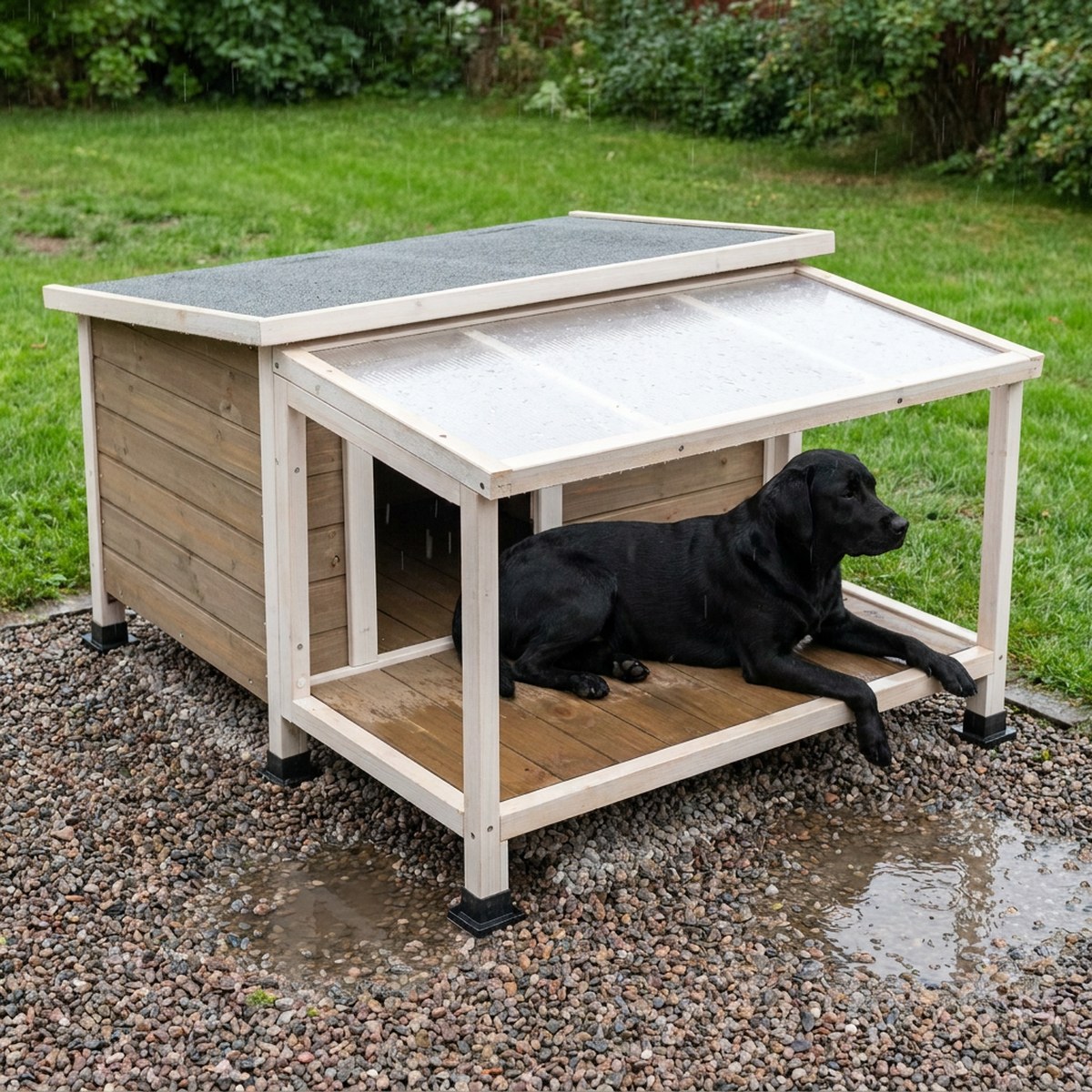 Svart labrador ligger torrt på den övertäckta terrassen framför hundkojan medan det regnar