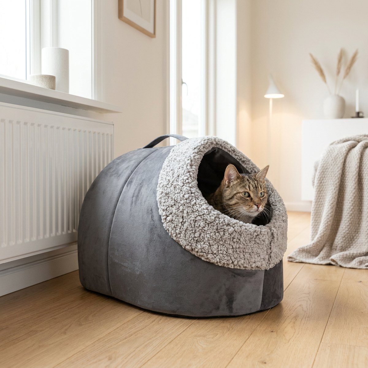 Katt som tittar ut ur en grå igloo-kattbädd med värmereflekterande insida placerad nära ett element